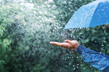 Hand and blue umbrella under heavy rain against nature background. Rainy weather concept. - obrazy, fototapety, plakaty