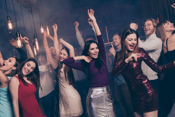 Close up photo of cute charming elegant lady fellows female buddies have dress gown skirt formal wear formalwear raise hands funny funky indoors