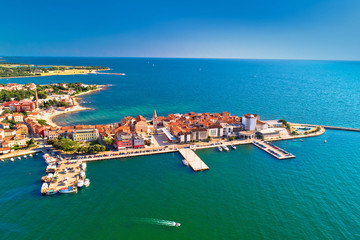 Town of Umag historic coastline architecture aerial view