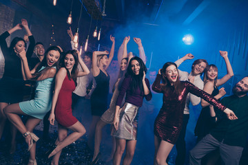 Portrait of cute charming funny funky people person youth formalwear formal wear excited scream laugh shout indoors party makers loud place