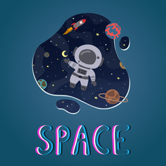 Fototapeta premium Cute little astronaut in space. Great design element for kids apparel, nursery decoration, patch, poster, t-shirt. Hand drawn vector illustration.