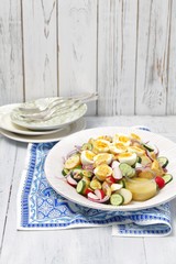 potato, cucumber and red radishes salad with eggs and mustard vinegrette