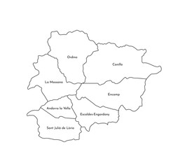 Vector isolated illustration of simplified administrative map of Andorra. Borders and names of the parishes (regions). Black line silhouettes