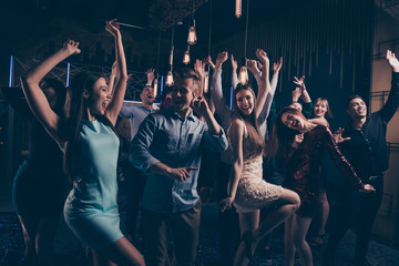 Portrait of cute attractive nice person having fun motion energetic sing singer listen favorite song holiday free time dress suit formal wear formalwear