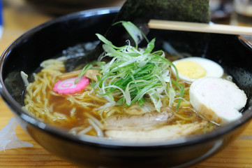 Traditional delicious ramen soup in a bowl in Japan