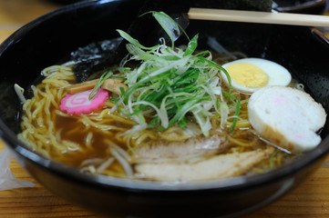 Traditional delicious ramen soup in a bowl in Japan