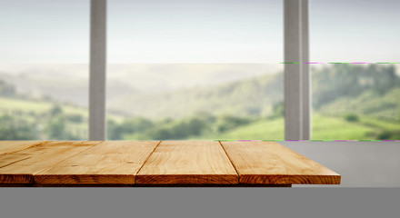 Wooden table blackground and the white window frame
