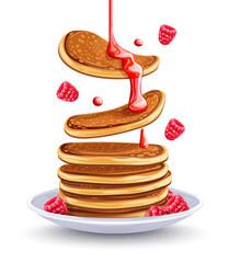 Pancakes with raspberries on the plate. Traditional sweet american breakfast with berries, Isolated on white background, Maple syrup flows at falling pancakes. Eps10 vector illustration.