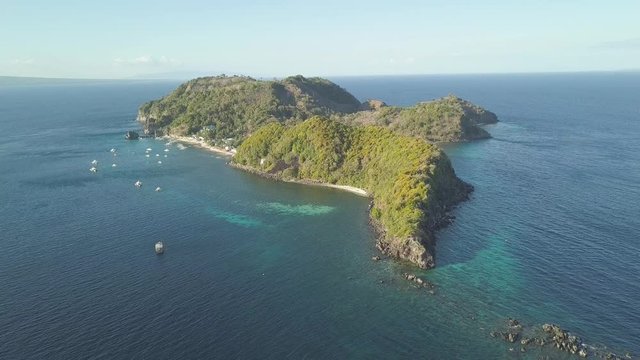 Tropical island covered tropical forest in blue sea aerial landscape. Amazing view from drone ships and boats floating in blue sea and green Apo island, Philippines