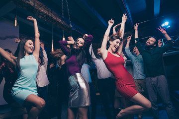 Nice gorgeous attractive glamorous slim fit cheerful positive stylish girls and guys having fun event life lifestyle occasion festal celebratory feast in fashionable luxury place nightclub indoors