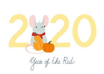 Chinese New Year 2020. Template with a funny rat and text. Creative for banner, postcard, card, poster. Vector illustration isolated on white background.