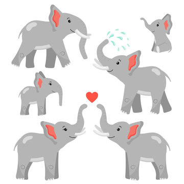Set of cute cartoon elephants in different poses. African animals. Small baby elephants. Vector illustration. Isolated on white background.