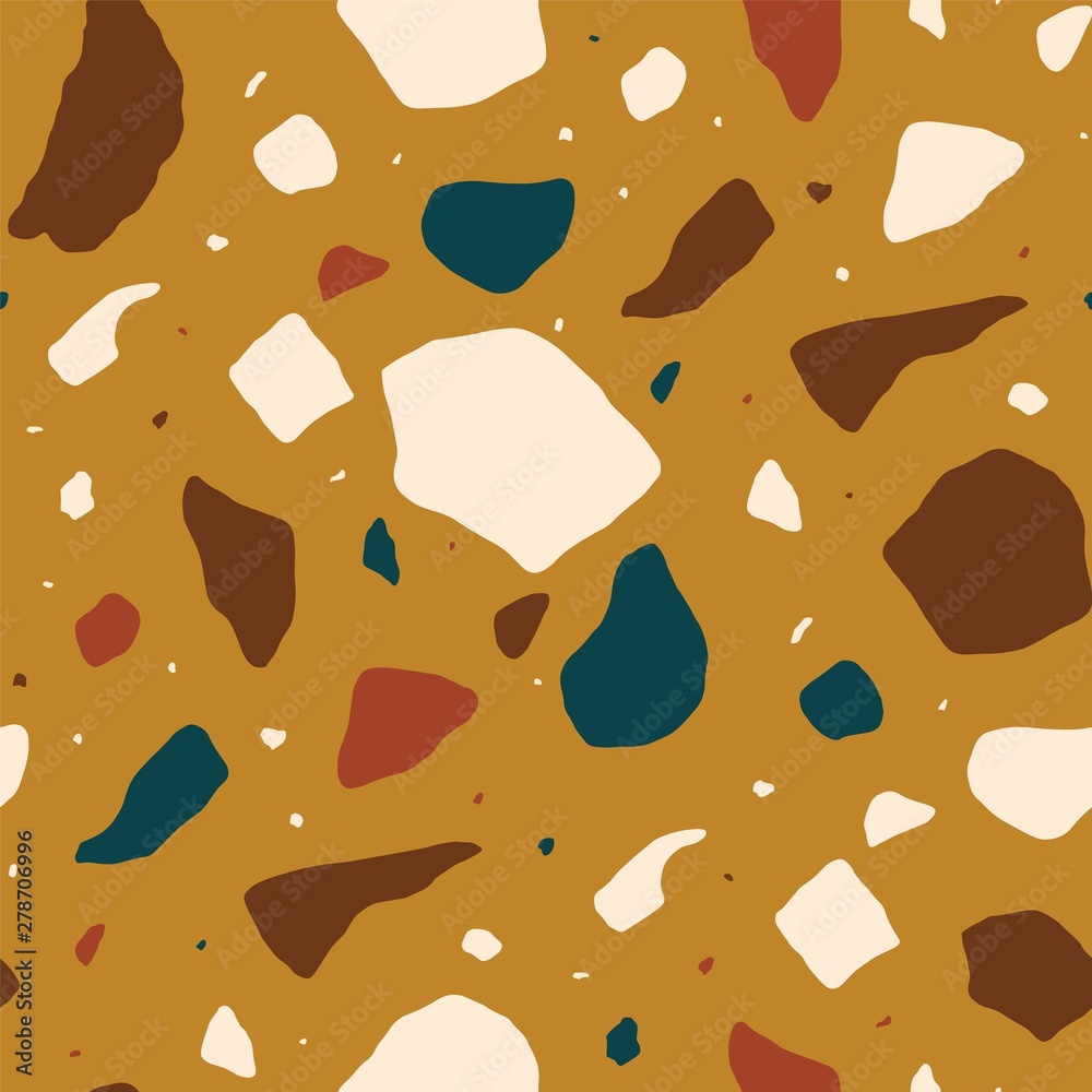 Poster Terrazzo seamless pattern with colorful stone fragments. Decorative backdrop with mineral rock pieces scattered on orange background. Creative vector illustration for textile print, wrapping paper.