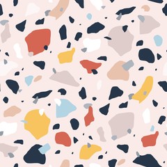 Fototapeta premium Terrazzo seamless pattern with colorful rock pieces. Abstract backdrop with stone sprinkles scattered on light background. Modern vector illustration for fabric print, wrapping paper, flooring.