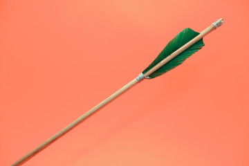 Old green wooden arrow on a beautiful peach background.