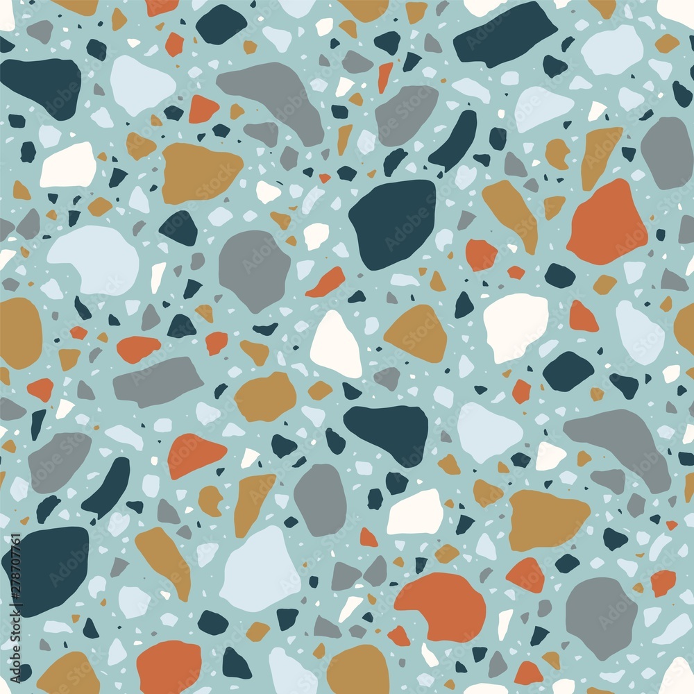 Poster Terrazzo seamless pattern with colorful stone fractions. Natural backdrop with mineral splinters scattered on blue background. Modern vector illustration for wallpaper, wrapping paper, flooring.