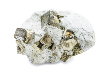 Mineral pyrite, or iron pyrite, in matrix, isolated on wite backgrownd