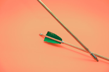 Old two green wooden arrow on a beautiful peach background.