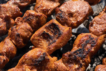 Juicy tasty pork barbecue cooking on metal skewers on outdoors charcoal grill with fragrant fire smoke. Close-up view, cooking during summer picnic. Selective focus on pieces of delicious roast meat.