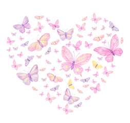 Obraz na płótnie Canvas butterflies, butterfly heart, heart pattern, print, greeting card, watercolor on white background.