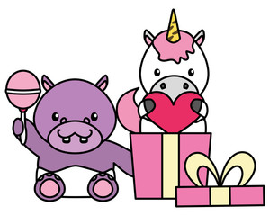cute little hippo and unicorn with love gift