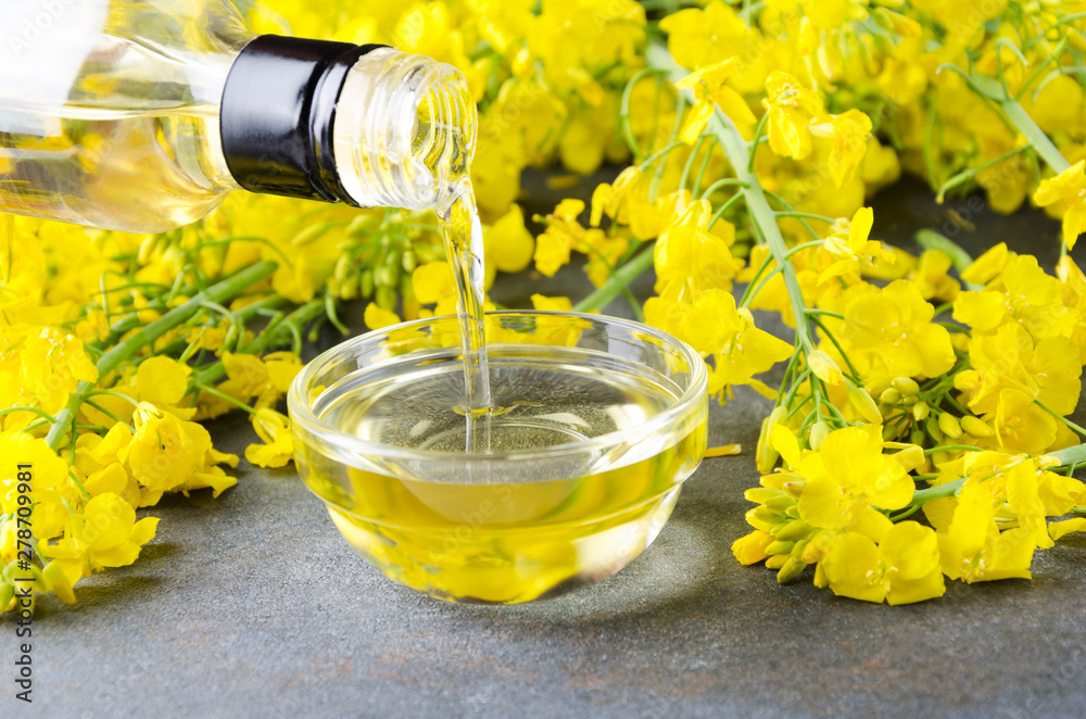 Wall mural pouring canola oil into the glass bowl against rapeseed blossoms on the grey surface, closeup shot