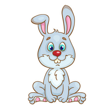 Little funny bunny sitting.  In cartoon style. Isolated on white background. Vector illustration.