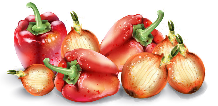 Vegetables watercolor Vector poster. Delicious tomatoes, red pepper and onions. Summer healthy foods