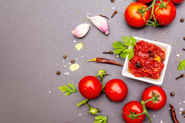 Tomato confiture, jam, chutney, sauce. Homemade preservation concept