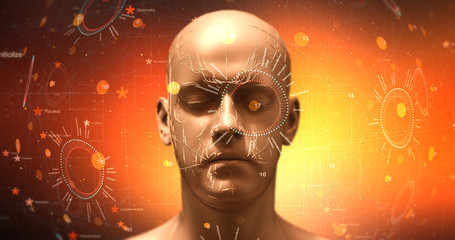 Advanced Bionic Robot Head With HUD Data - Technology Related 3D Illustration Render