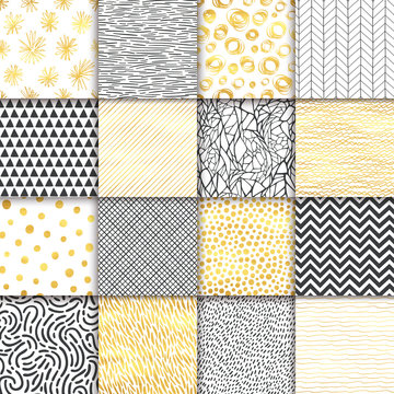 Abstract hand drawn geometric simple minimalistic seamless patterns set. Black and white, golden background collection. Polka dot, stripes, waves, random symbols textures. Vector illustration