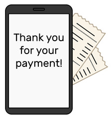 The digital bill is on the side of a black smartphone. The text on the check is made in the form of lines. There is inscription 