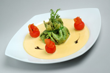 Spinach pancake served for dinner in restaurant. Delicious dishes for restaurants