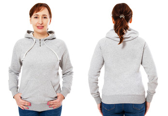 Blank grey sweatshirt mock up set isolated, front and back view. Woman wear grey hoodie mockup....