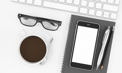 Office desk with phone blank screen, keyboard, glasses, and coffee cup top view on white background, workspace design illustration 3D rendering