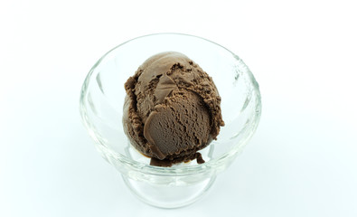 Chocolate Ice Cream Scoop in glass on white background, Food background concept, Blank for design..