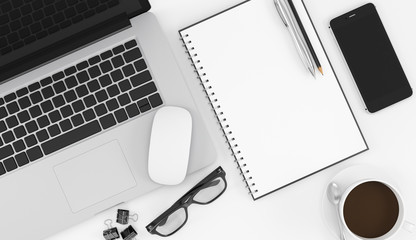 Office desk with blank empty book, computer notebook, glasses, phone and coffee cup top view on white background, workspace design illustration 3D rendering