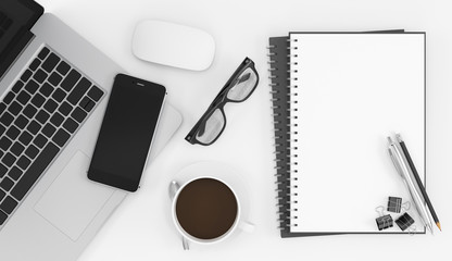 Office desk with blank empty book, computer notebook, glasses, phone and coffee cup top view on white background, workspace design illustration 3D rendering