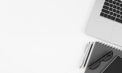 Office desk with computer notebook, glasses, phone and coffee cup top view on white background, workspace design illustration 3D rendering