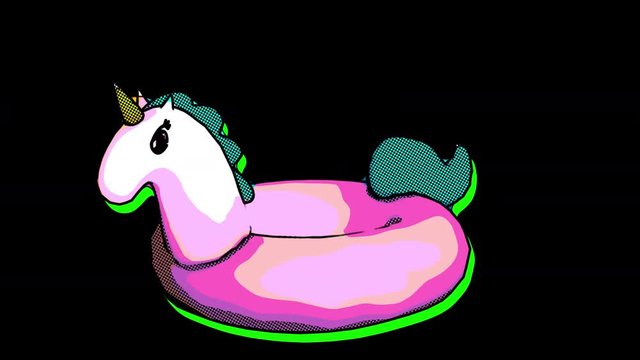 Seamless animation of a pink unicorn inflatable. Funny summer background cartoon hand drawn style isolated with alpha channel.
