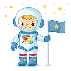 Young cosmonaut in a spacesuit is standing on the planet and holding a flag in his hand.
