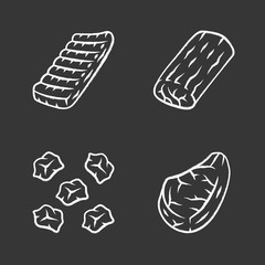 Butchers meat chalk icons set. Chicken pork roast, pork steak, pre cut meat, beef ribs. Meat production and sale. Butchery business. Protein sources. Isolated vector chalkboard illustrations