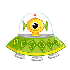 Cute space monster sitting in a flying saucer. The newcomer on a white background in a spaceship.