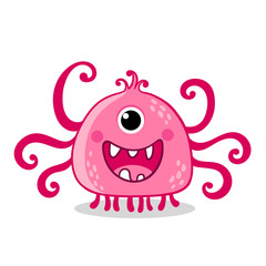 Pink alien with one eye is smiling on a white background.