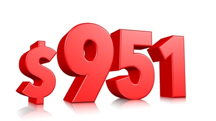 951$ Nine hundred and fifty one price symbol. red text number 3d render with dollar sign on white background