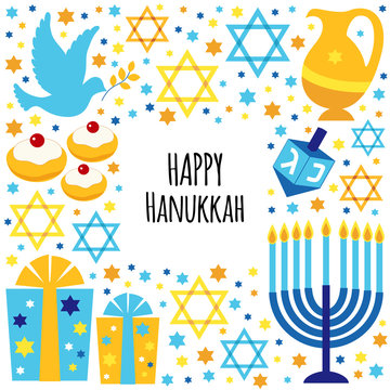 Cute Happy Hanukkah, Festival of Lights frame background in flat style
