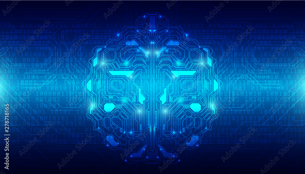 Poster Brain Futuristic Element Circuit Board With Encoder And Decoder Binary Code Vector Background. Virtual Blue Abstract AI Brainstorm  Digital Data Security Technology Illustration.