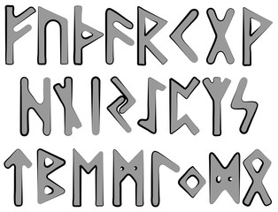 Scandinavian runes gray letters with a black outline on a white background