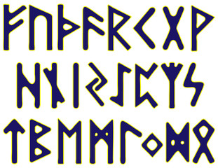 Scandinavian runes blue letters with a yellow outline on a white background