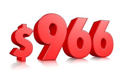 966$ Nine hundred and sixty six price symbol. red text number 3d render with dollar sign on white background